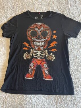 Ay Guay! Black Short-Sleeve Beaded Graphic Tee with Orange Skull Character
